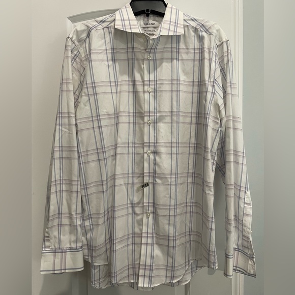 Calvin Klein slim fit purple/blue/white plaid LS dress shirt 16 1/2 32/33 - Picture 1 of 4
